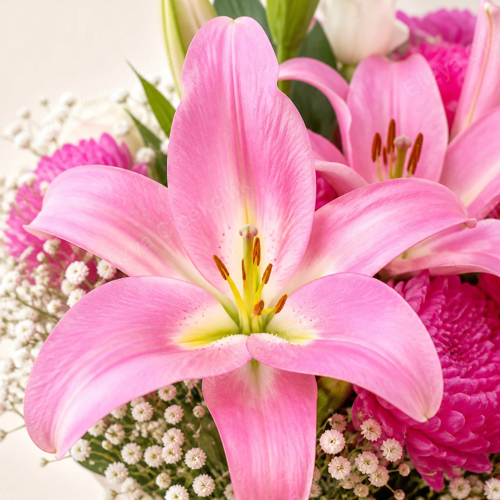 Pink Blossom — Pembe Lilyum ve Fuşya Krizantem Buketi — görsel 4