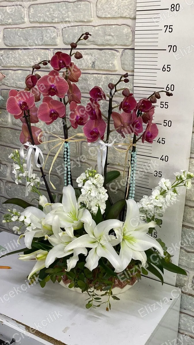 Fuşya Orkide ve Beyaz Lilyum Aranjmanı