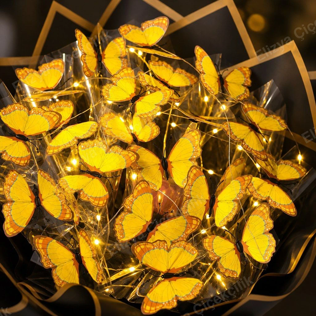 Golden Butterfly Charm — Işıklı Sarı Kelebek Buketi — görsel 3