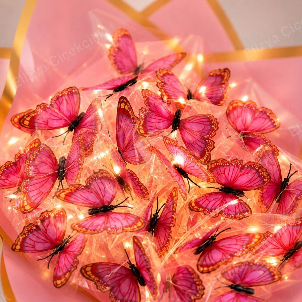 Butterfly Charm — Işıklı Pembe Kelebek Buketi — görsel 3