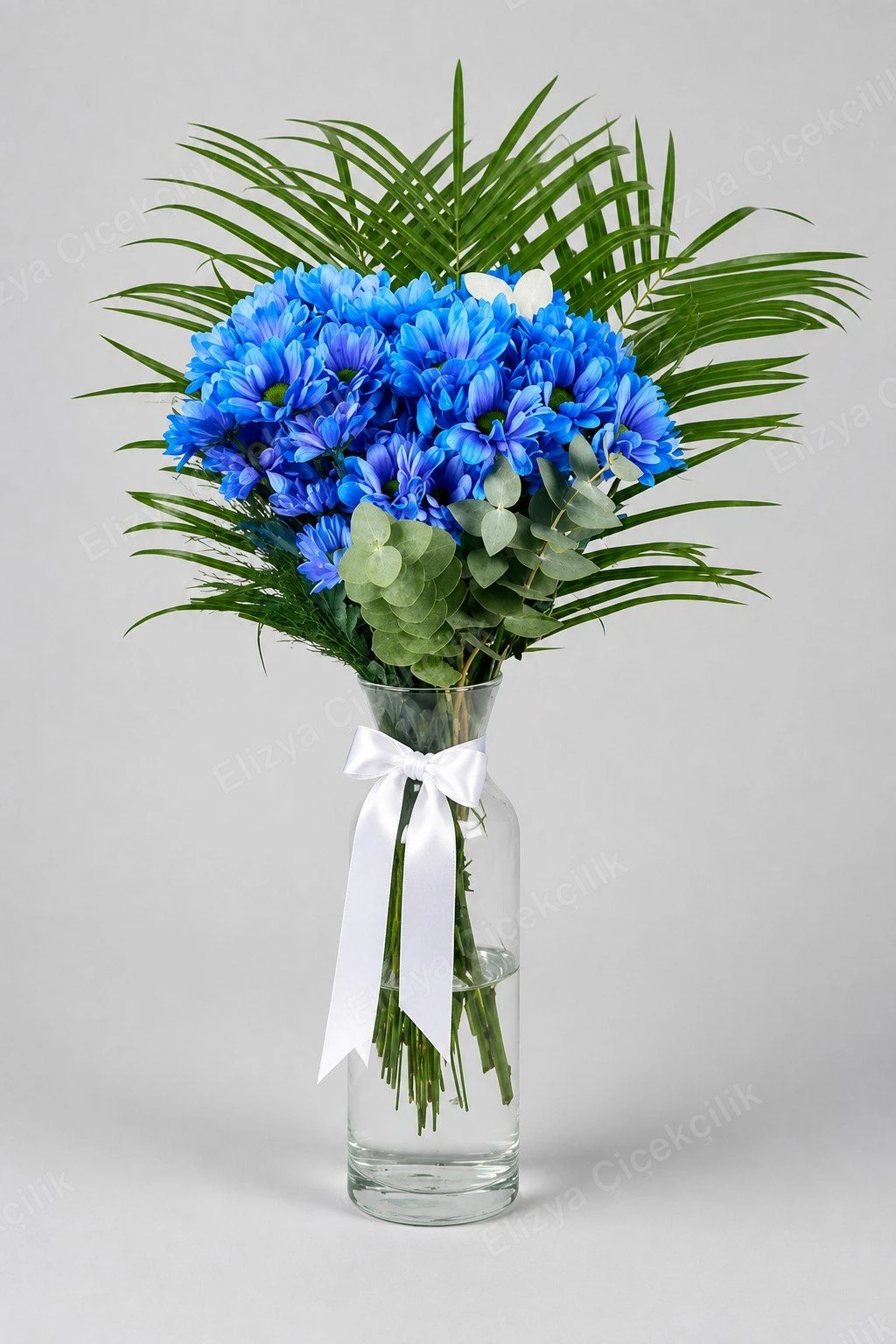 Sapphire Muse — Vazoda Mavi Krizantem — Palmiye & Cam Vazo