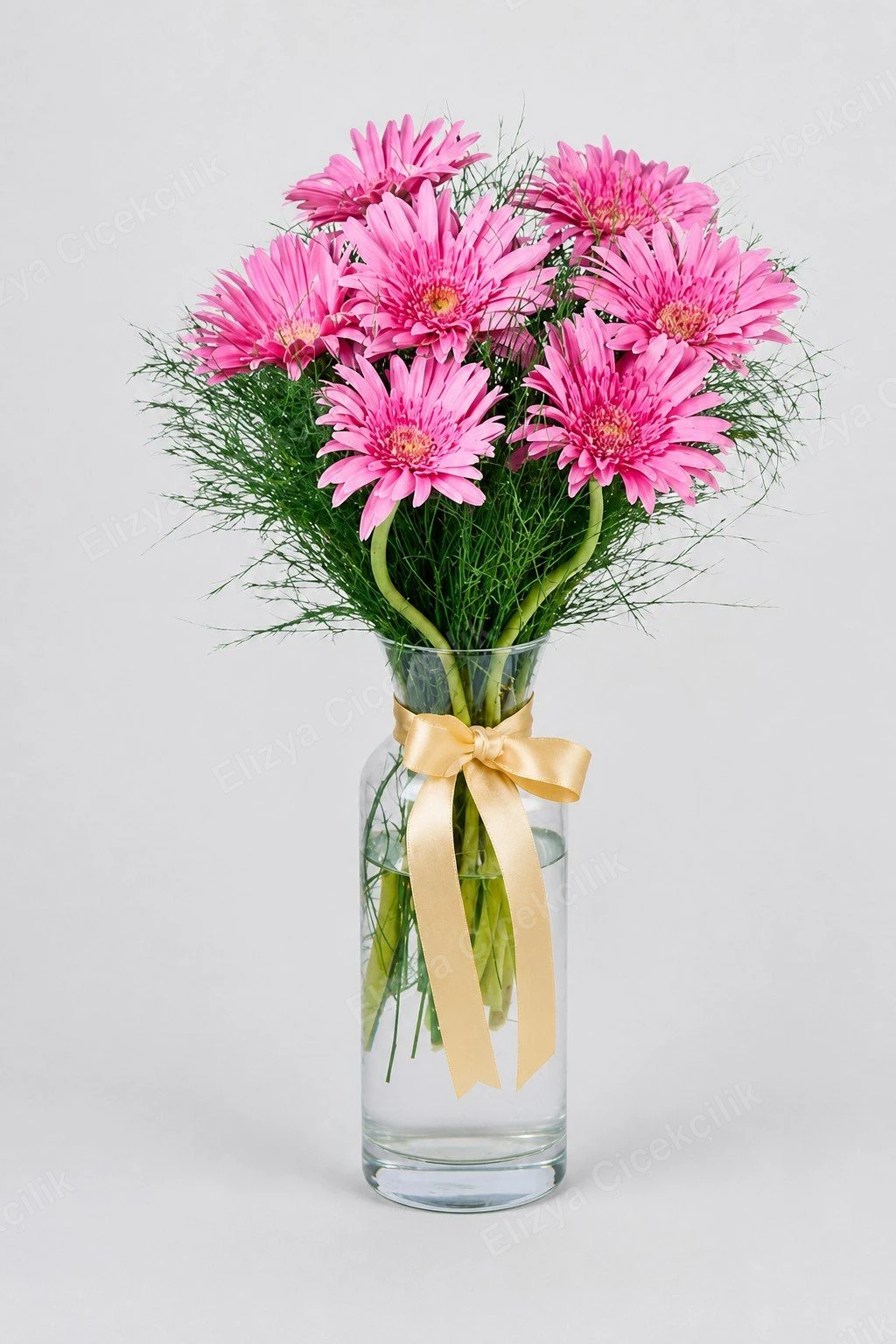 Rosy Cheer — Vazoda Pembe Gerbera — Zarif Cam Vazo
