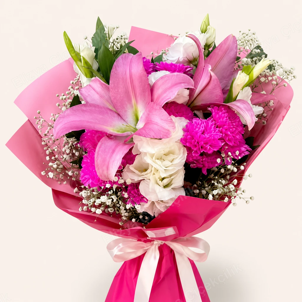 Pink Blossom — Pembe Lilyum ve Fuşya Krizantem Buketi — görsel 3
