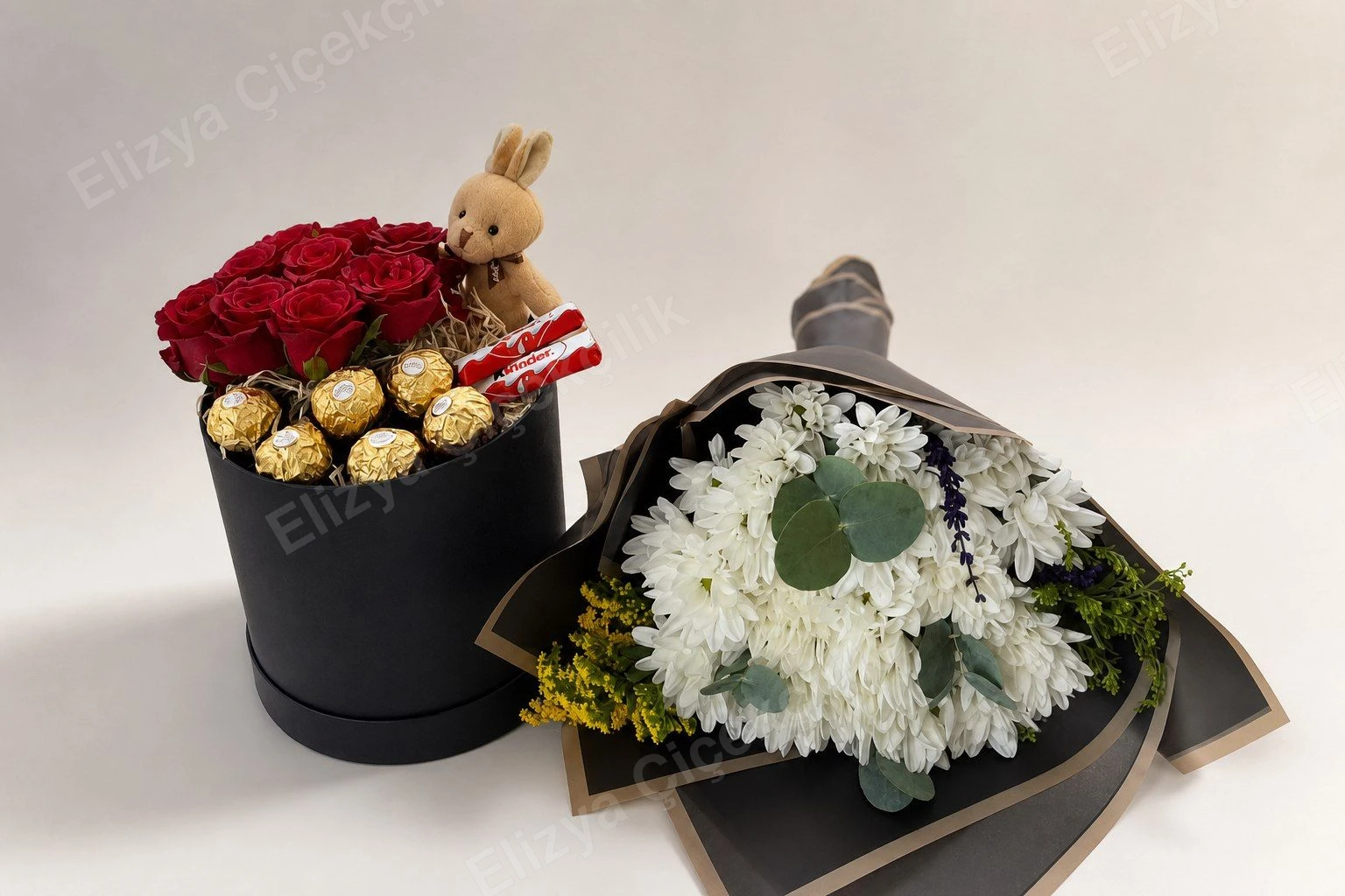 Sweet Serenity Set — Kırmızı Güllü Çikolata Kutusu & Beyaz Kasımpatı Buketi