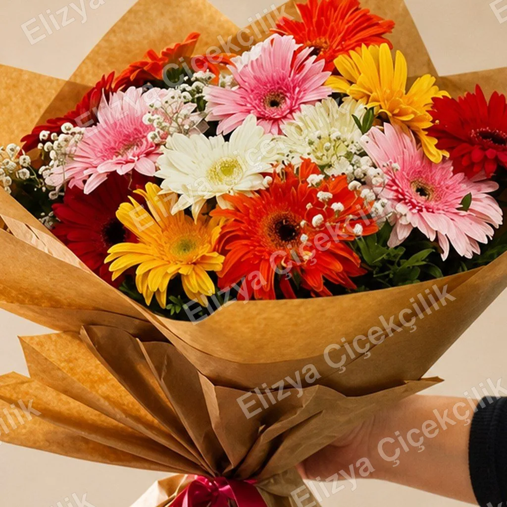 Joyful Bloom — Kraft Kağıtta Rengârenk Gerbera Buketi — görsel 2