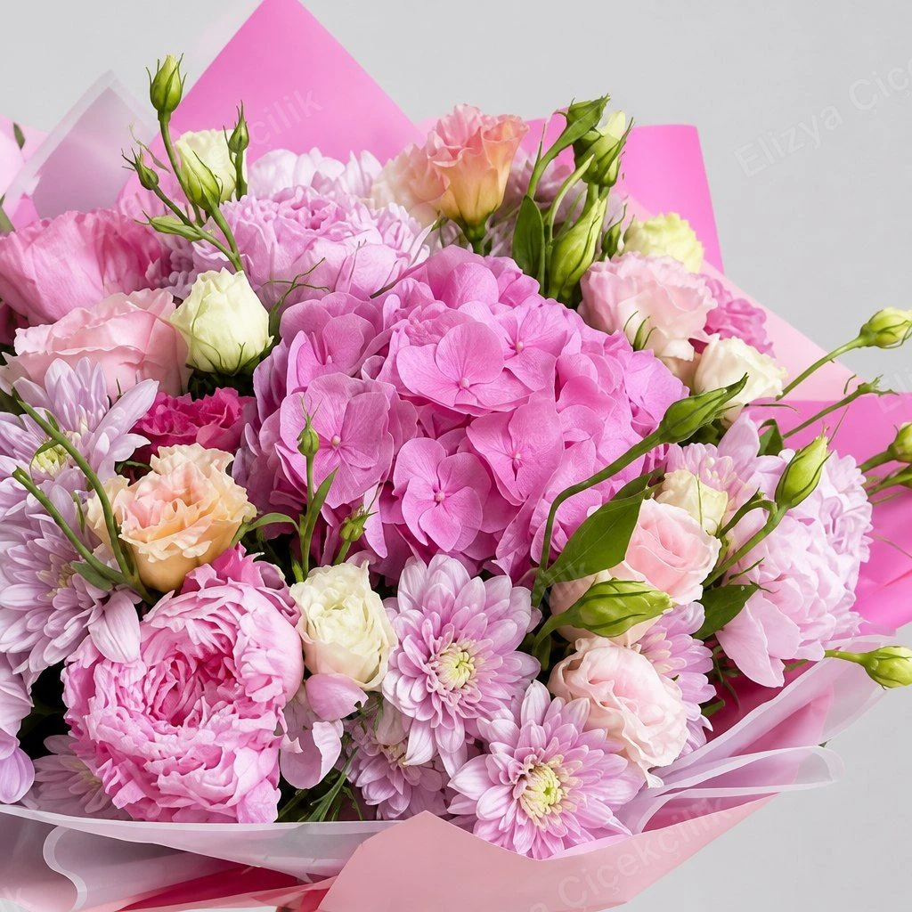 Blush Romance — Pembe Ortanca & Lisianthus Buketi — görsel 2
