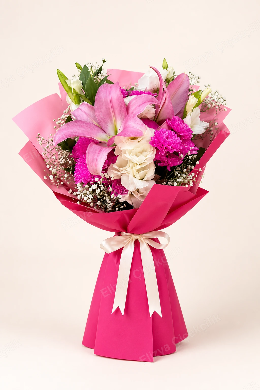 Pink Blossom — Pembe Lilyum ve Fuşya Krizantem Buketi