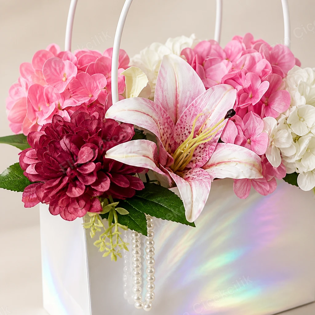 Pearl Charm — Pembe & Bordo Ortanca Çanta Aranjman — görsel 3