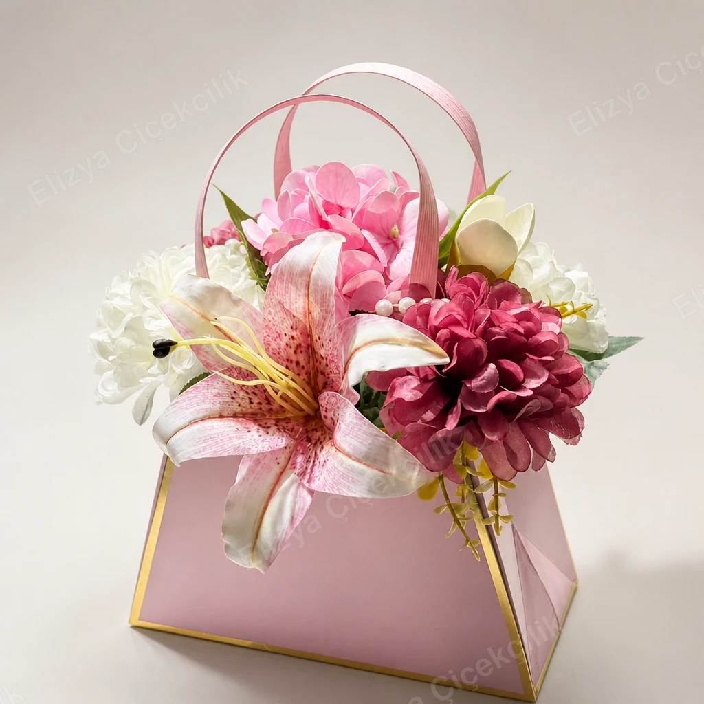 Rosé Charm — Pembe Ortanca & Lilyum Çanta Aranjman — görsel 3