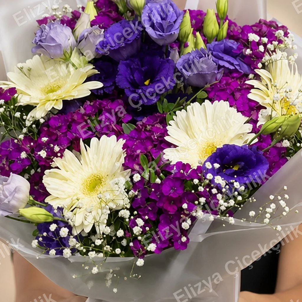 Mor Lisyantus ve Beyaz Gerbera Buketi — görsel 2