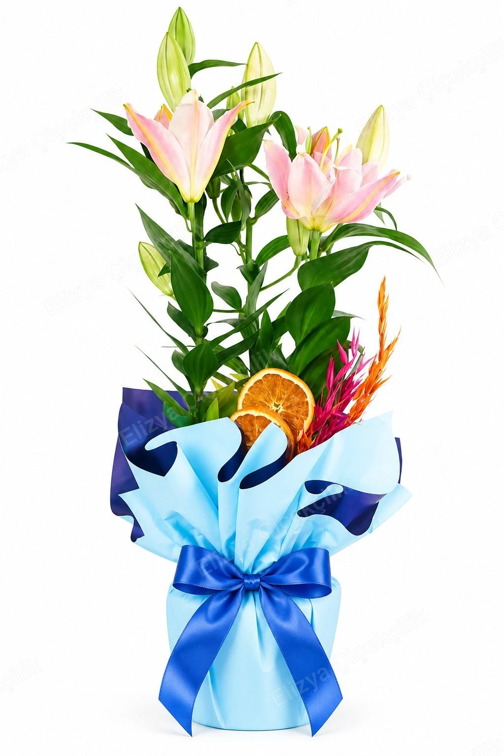 Blush Lily Charm — Pembe Zambak (Lilyum) Mavi Folyo Ambalajlı — görsel 2
