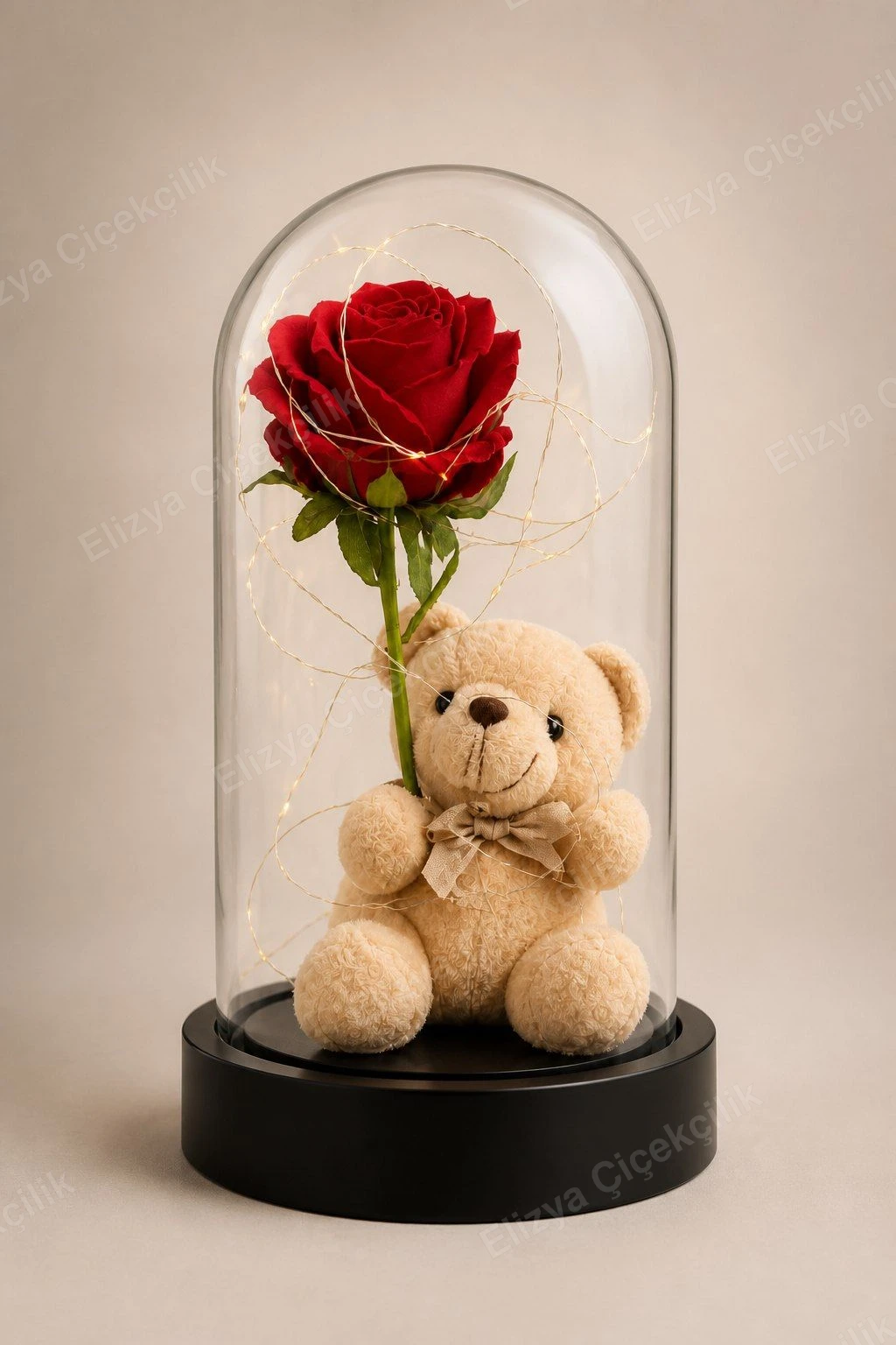 Enchanted Rose — Gül & Ayıcık Işıklı Fanus