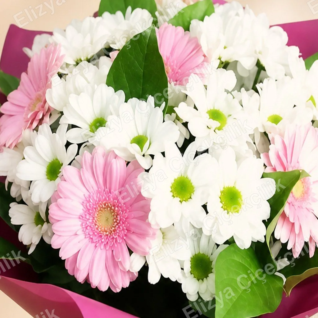 Rosy Harmony — Pembe Gerbera ve Beyaz Papatya Buketi — görsel 2