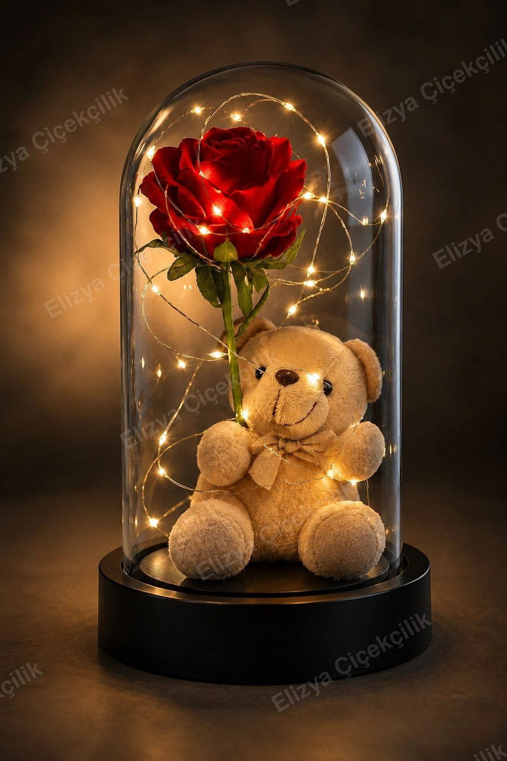 Enchanted Rose — Gül & Ayıcık Işıklı Fanus — görsel 2