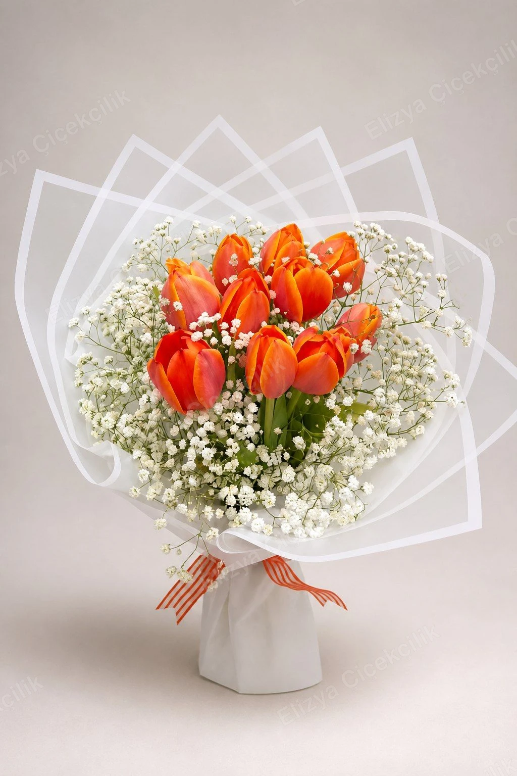 Coral Flame — Turuncu Lale Buketi (10 Lale, Cipso ile) — görsel 4