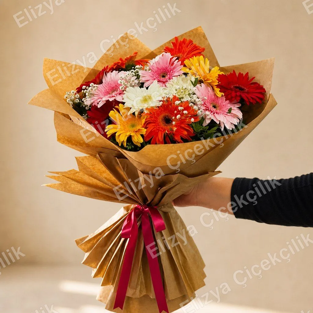 Joyful Bloom — Kraft Kağıtta Rengârenk Gerbera Buketi