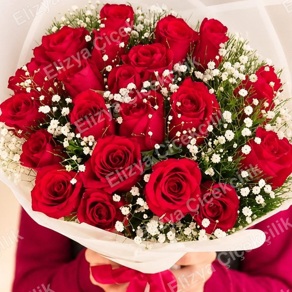 Scarlet Romance — Kırmızı Gül ve Cipsofilya Buketi — görsel 2