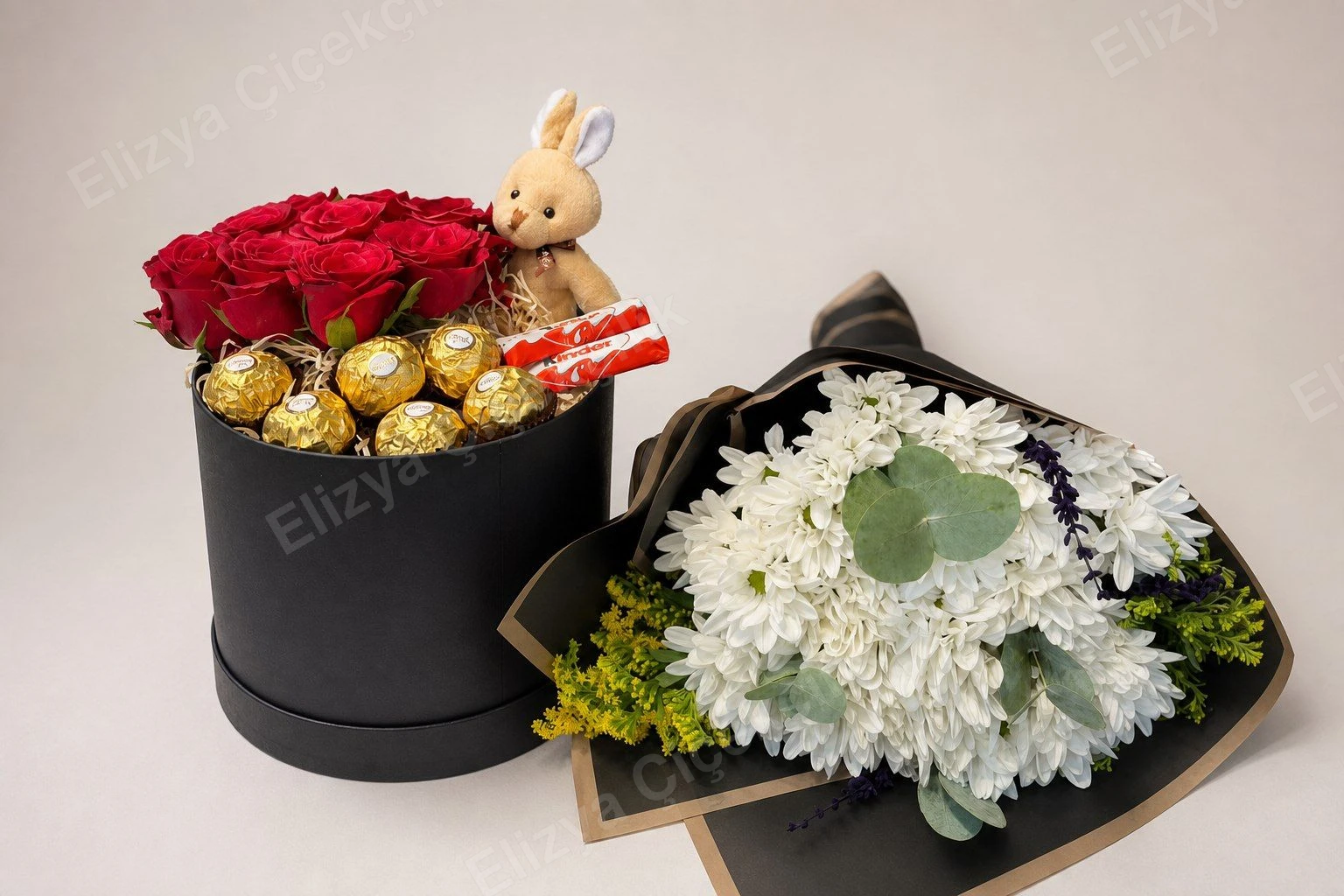 Sweet Serenity Set — Kırmızı Güllü Çikolata Kutusu & Beyaz Kasımpatı Buketi — görsel 3