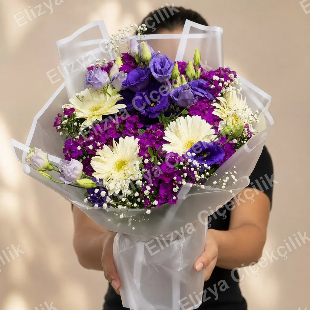 Mor Lisyantus ve Beyaz Gerbera Buketi