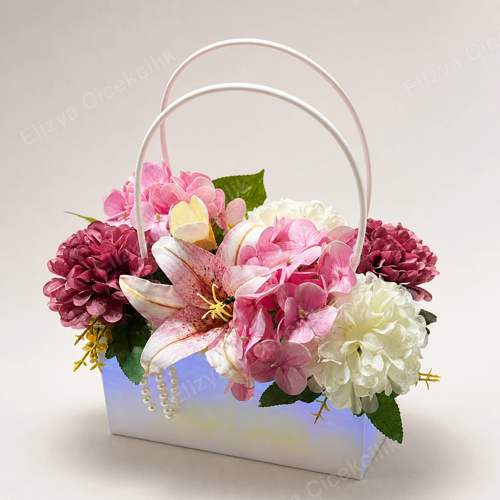 Pearl Charm — Pembe & Bordo Ortanca Çanta Aranjman — görsel 2