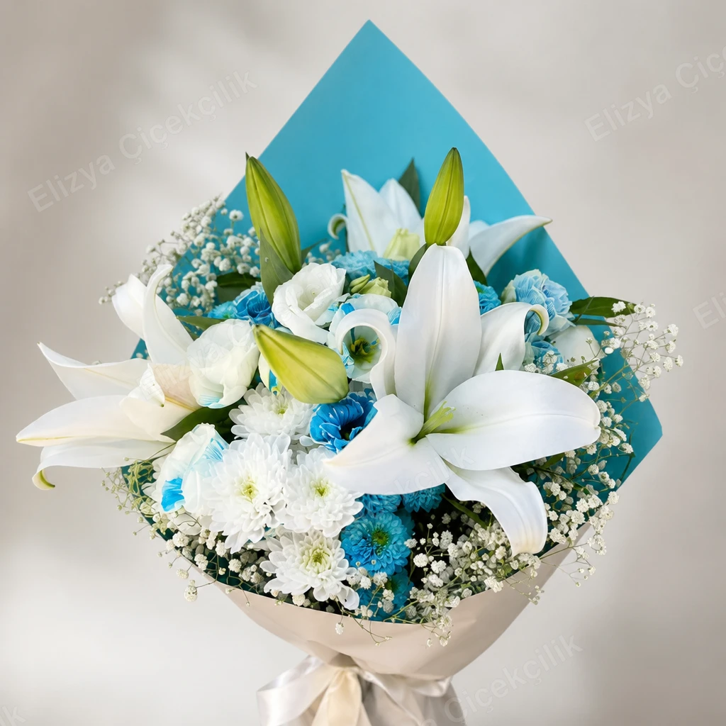 Azure Serenity — Beyaz Lilyum ve Mavi Lisyantus Buketi — görsel 3
