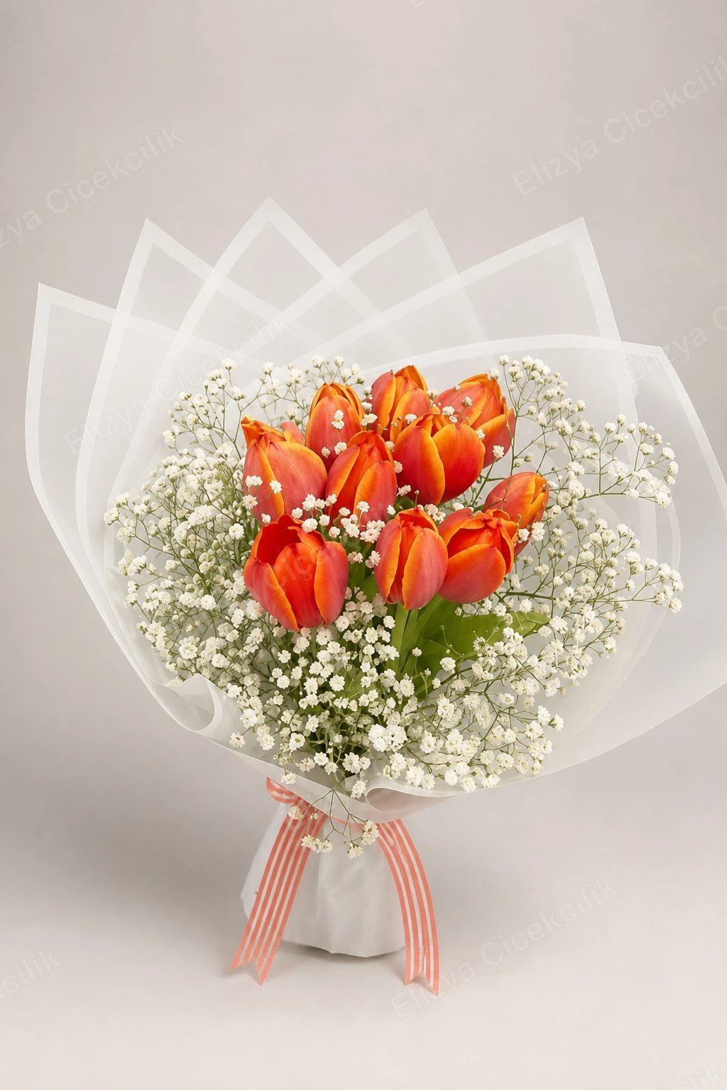 Coral Flame — Turuncu Lale Buketi (10 Lale, Cipso ile) — görsel 3
