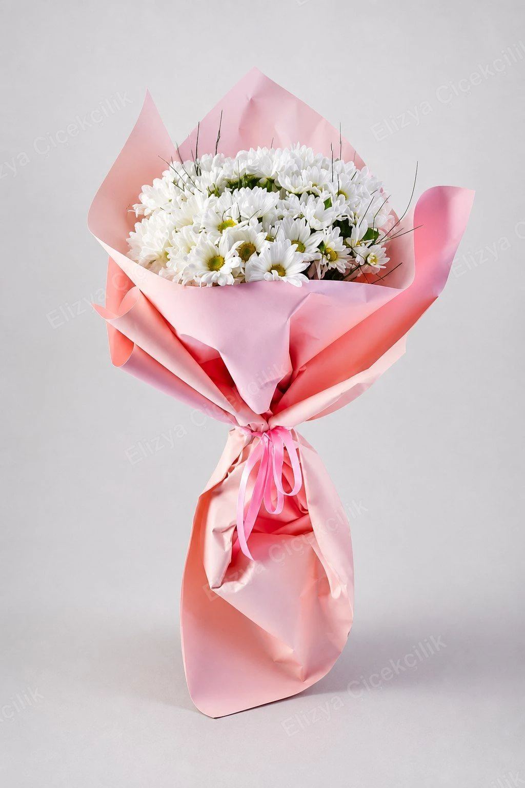 Pure Daisy Delight — Beyaz Papatya Buketi — Pembe Folyo Zarafeti