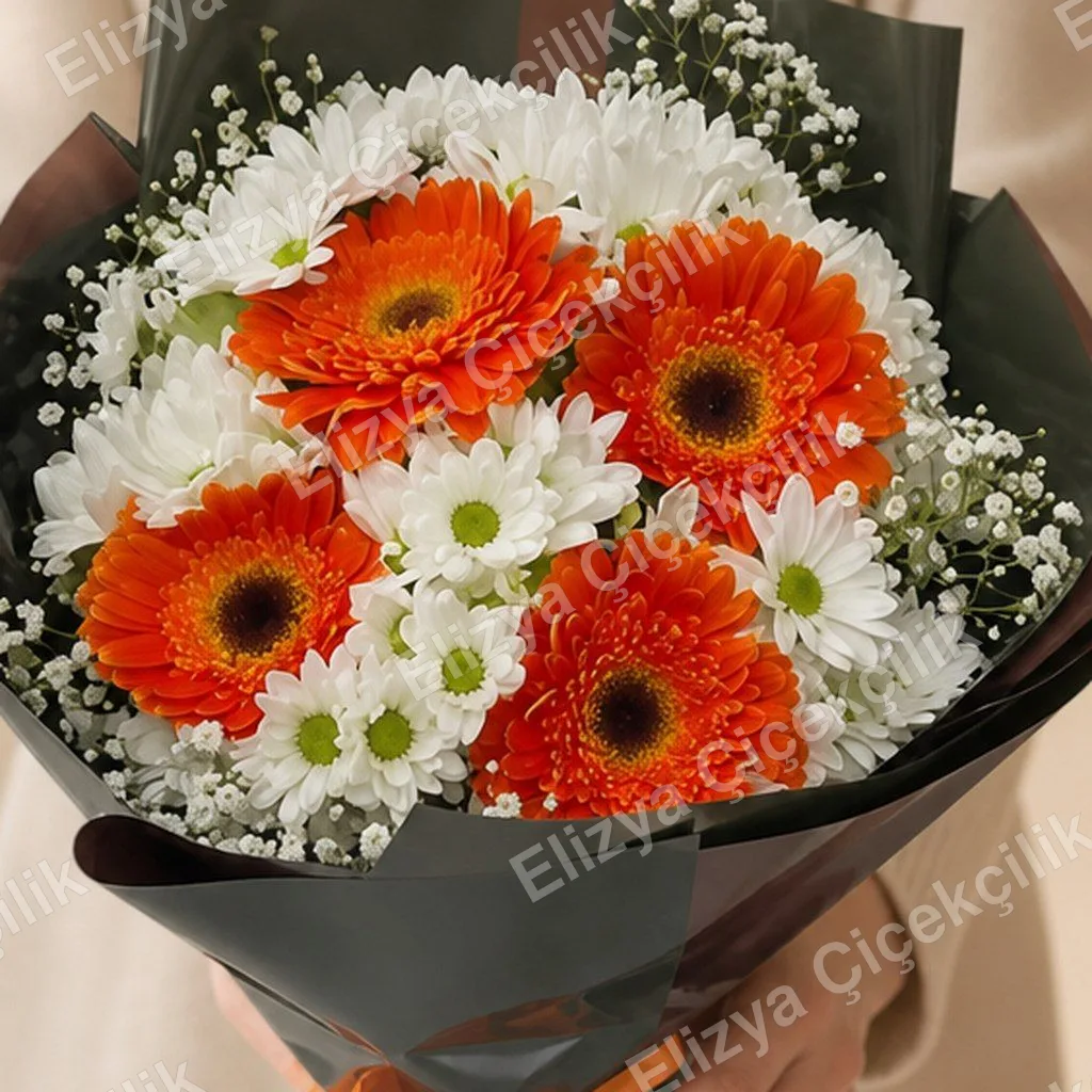 Sunny Delight — Turuncu Gerbera ve Beyaz Papatya Buketi — görsel 2