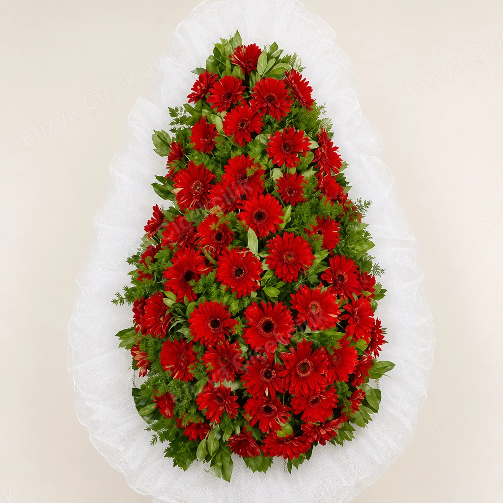 Crimson Honor — Ayaklı Kırmızı Gerbera Çelengi — görsel 2