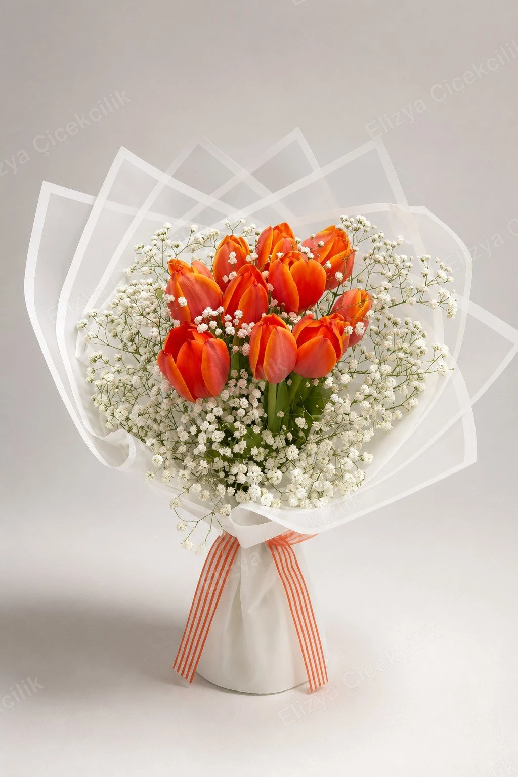Coral Flame — Turuncu Lale Buketi (10 Lale, Cipso ile) — görsel 5